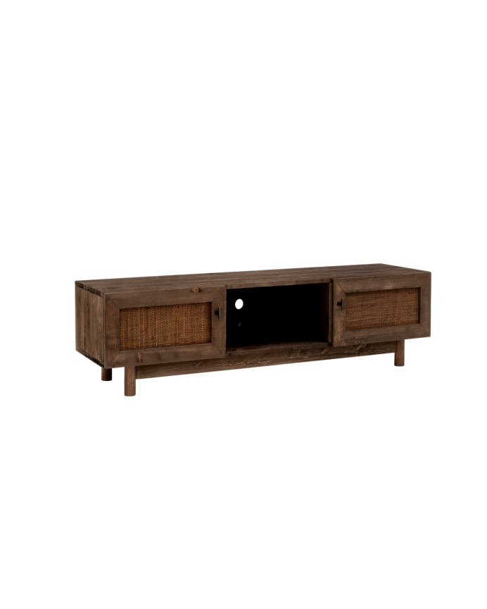 Mueble de TV de madera maciza y tejido de rafia de 2 puertas en tono nogal de 150x40cm