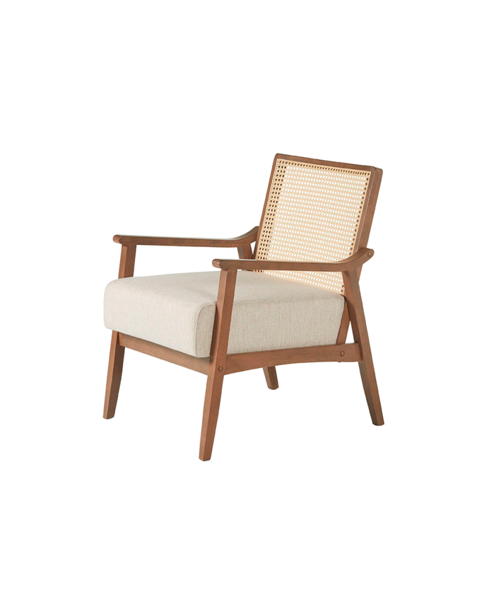 Butaca de madera maciza con asiento de espuma y fibra en acabado nogal de 78x68cm