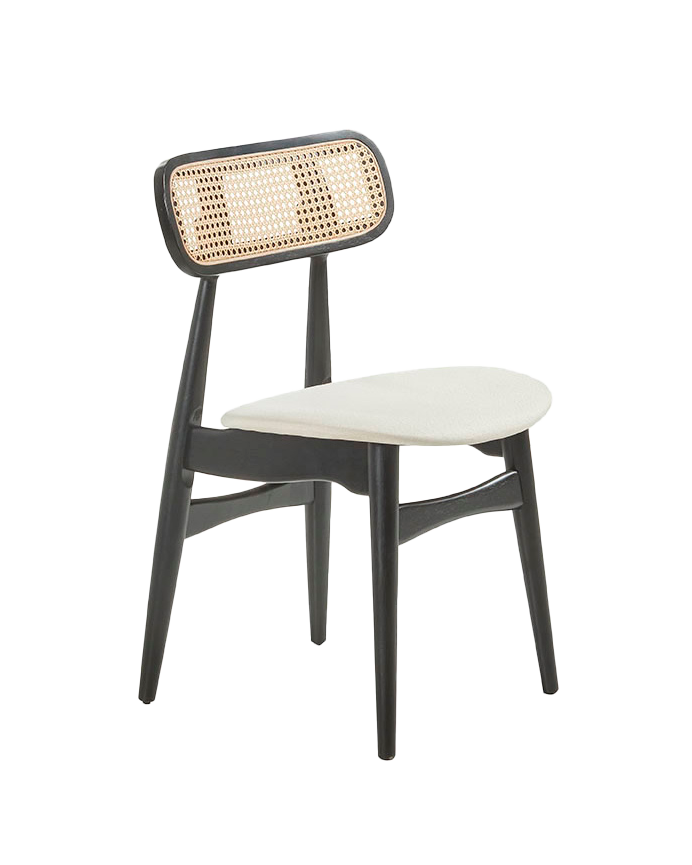 Silla de madera maciza con asiento tapizado y respaldo de cannage en tono negro de 80,5cm