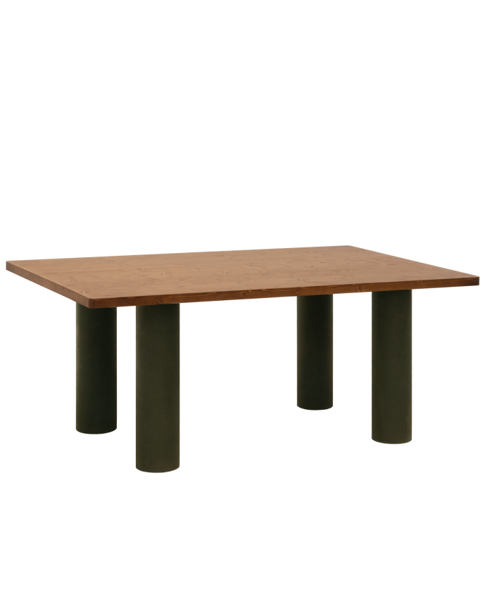 Mesa de comedor de madera maciza en tono roble oscuro y patas de microcemento en tono verde de varias medidas