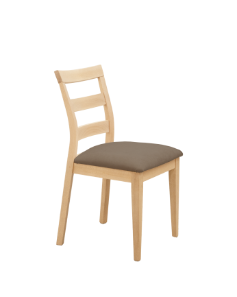 Silla tapizada de color marrón topo con patas de madera en tono roble medio de 89cm