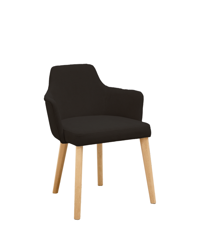 Silla tapizada de color negro con patas de madera en tono roble medio de 95cm