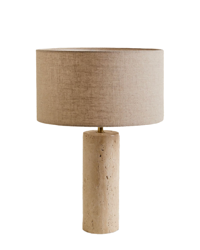 Lámpara de mesa de travertino y pantalla de tela color beige de 52x35cm
