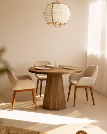 Mesa de comedor redonda de madera maciza en tono roble oscuro de Ø115