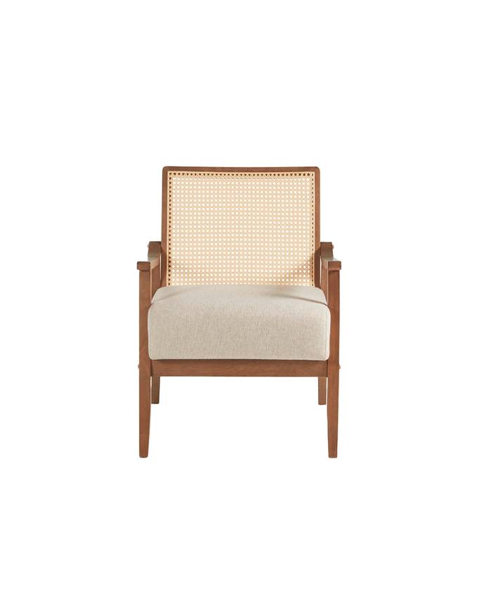 Butaca de madera maciza con asiento de espuma y fibra en acabado nogal de 78x68cm