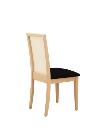 Silla tapizada de color negro con patas de madera en tono roble medio de 95,5cm