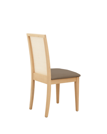 Silla tapizada de color marrón topo con patas de madera en tono roble medio de 95,5cm