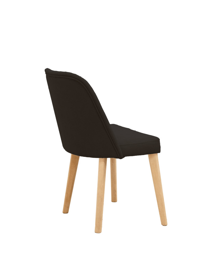 Silla tapizada de color negro con patas de madera en tono roble medio de 87cm