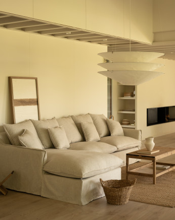 Funda para sofá con chaise longue izquierdo de algodón y lino color beige de varias medidas