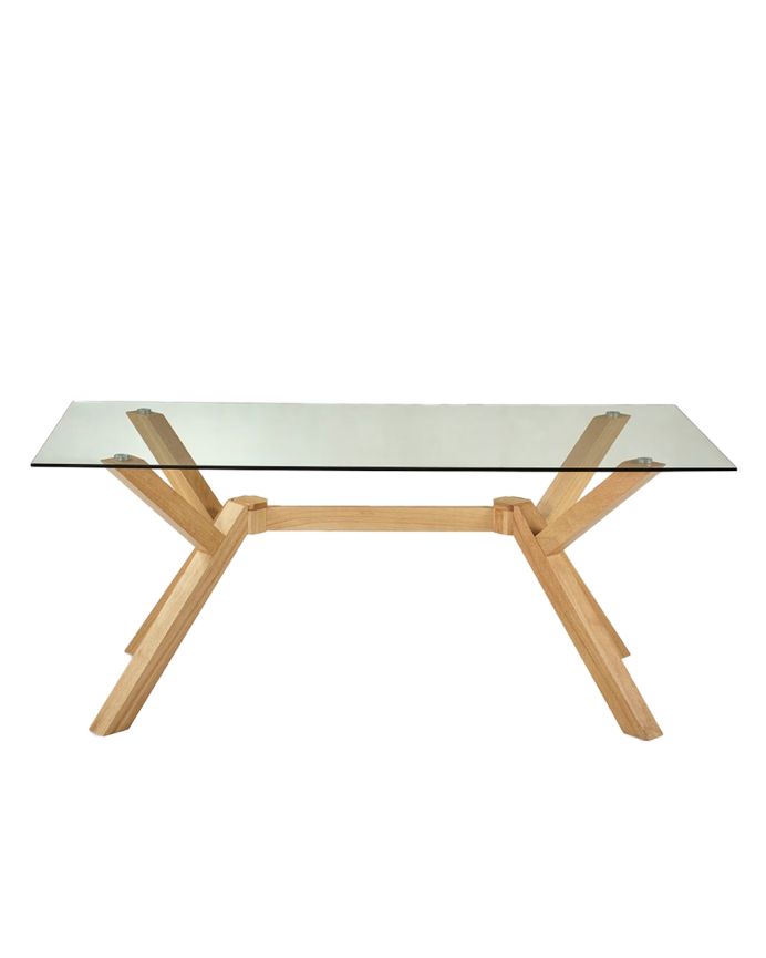 Mesa de comedor de cristal templado y patas de madera de 180cm