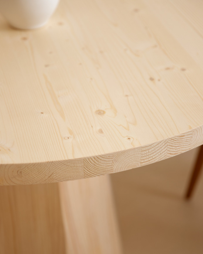 Mesa de comedor redonda de madera maciza en tono natural de Ø115