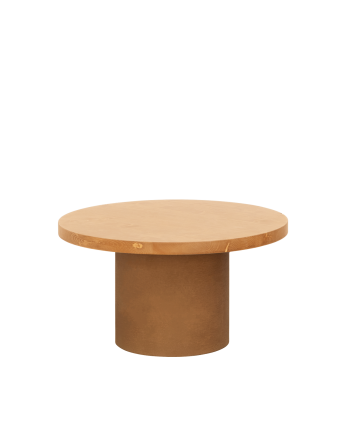 Mesa de centro redonda de madera maciza tono roble medio y pata de microcemento tono terracota de varias medidas