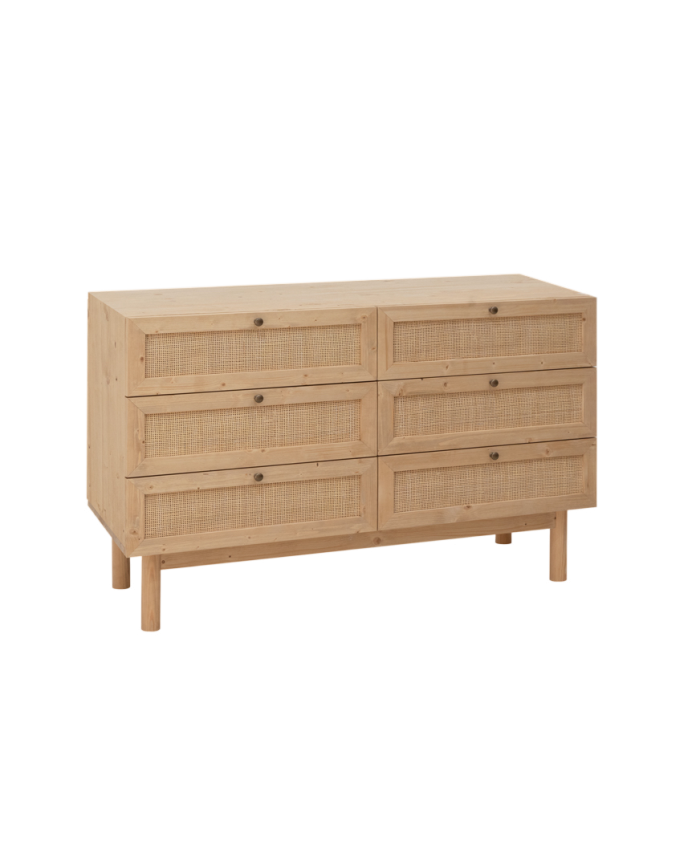 Cómoda de madera maciza y rafia 6 cajones en tono roble medio 120x76cm