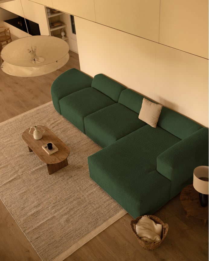 Sofá de 4 módulos curvo con chaise longue de bouclé color verde 410x172cm