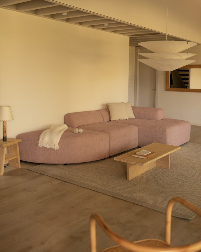 Sofá de 3 módulos curvo con chaise longue de bouclé color rosa 320x172cm