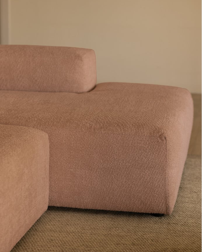 Sofá de 4 módulos curvo con chaise longue de bouclé color rosa 410x172cm