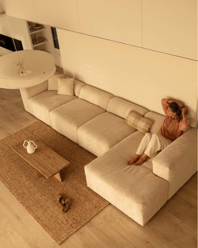 Sofá de 4 módulos con chaise longue de bouclé color beige 420x172cm