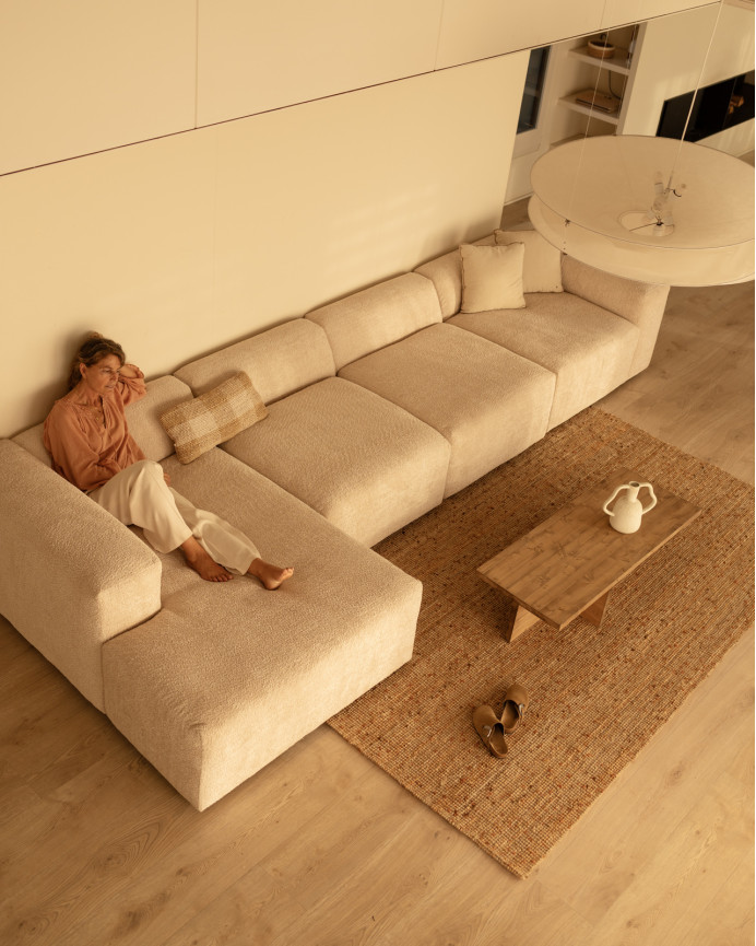 Sofá de 4 módulos con chaise longue de bouclé color beige 420x172cm