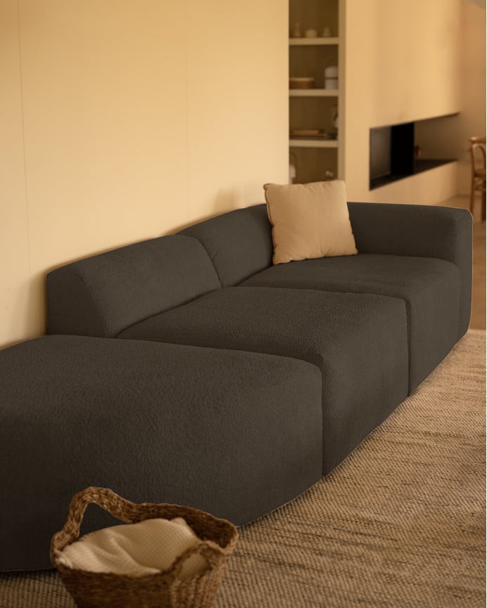 Sofá de 3 módulos con curva de bouclé color gris oscuro 320x110cm