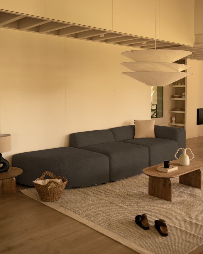 Sofá de 3 módulos con curva de bouclé color gris oscuro 320x110cm