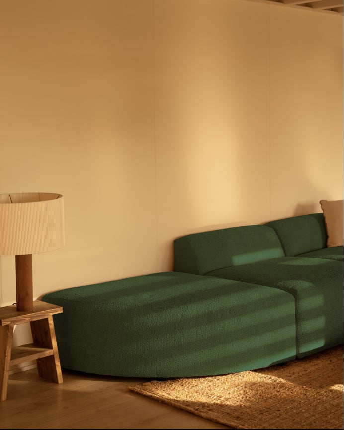 Sofá de 3 módulos con curva de bouclé color verde 320x110cm