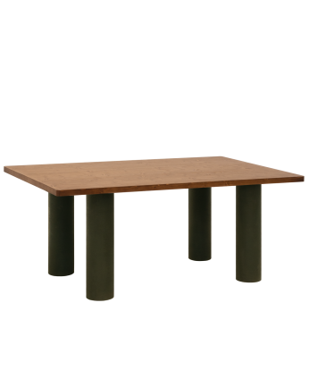 Mesa de comedor de madera maciza en tono roble oscuro y patas de microcemento en tono verde de varias medidas