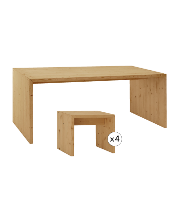 Pack mesa de comedor y 4 taburetes de madera maciza en tono roble medio de 120cm