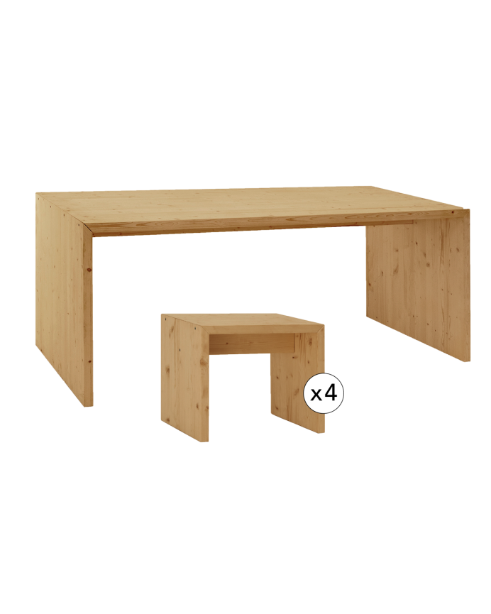 Pack mesa de comedor y 4 taburetes de madera maciza en tono roble medio de 120cm