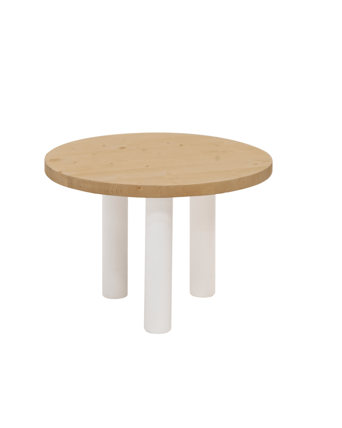 Mesa de centro redonda de madera maciza sobre en tono roble medio y patas tono blanco de 40x60cm