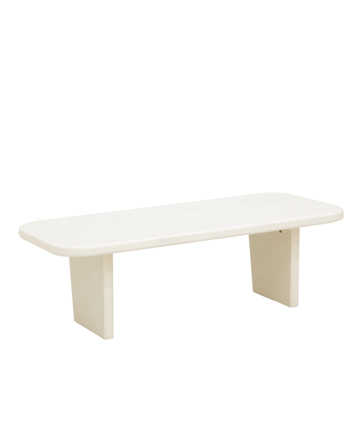 Mesa de centro de microcemento con dos patas tono blanco roto de 95cm