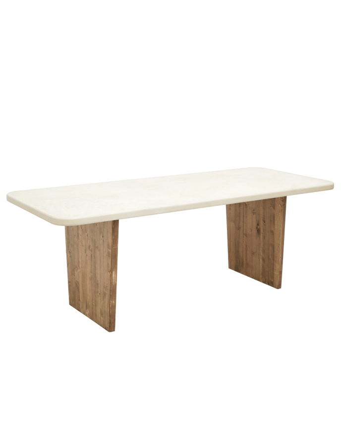 Mesa de comedor de microcemento tono blanco roto con patas de madera tono roble oscuro de varias medidas