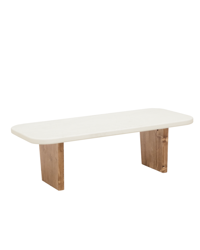 Mesa de centro de microcemento con dos patas de madera tono roble oscuro de 95cm