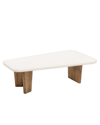 Mesa de centro de microcemento con tres patas de madera tono roble oscuro de 100cm