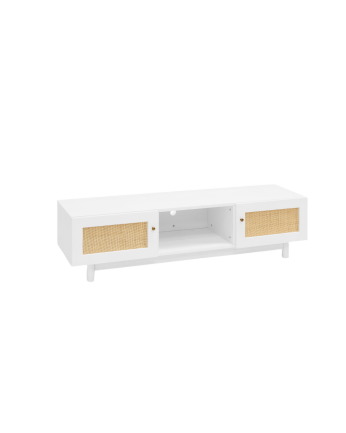 Mueble de TV de madera maciza y rafia de 2 puertas en tono blanco de 150x40cm