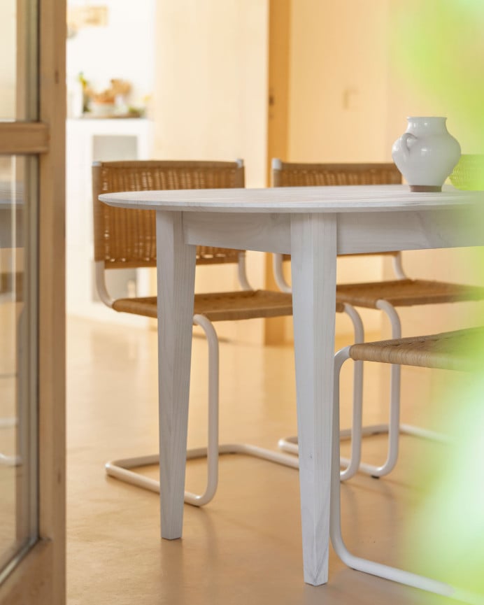 Mesa de comedor de madera maciza ovalada en tono blanco de varias medidas