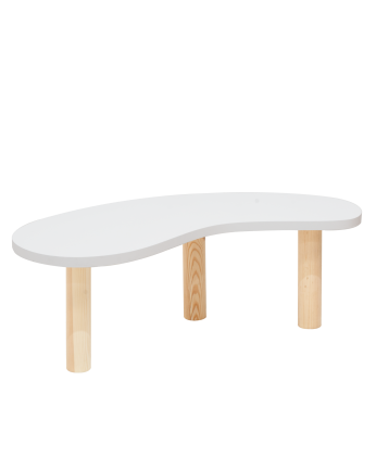 Mesa de centro de madera maciza formas orgánicas sobre en tono blanco y patas tono natural de varias medidas