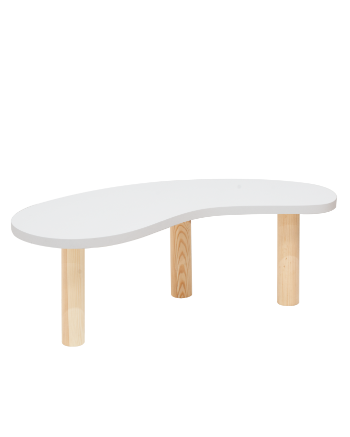 Mesa de centro de madera maciza formas orgánicas sobre en tono blanco y patas tono natural de varias medidas