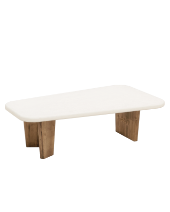 Mesa de centro de microcemento con tres patas de madera tono roble oscuro de 100cm