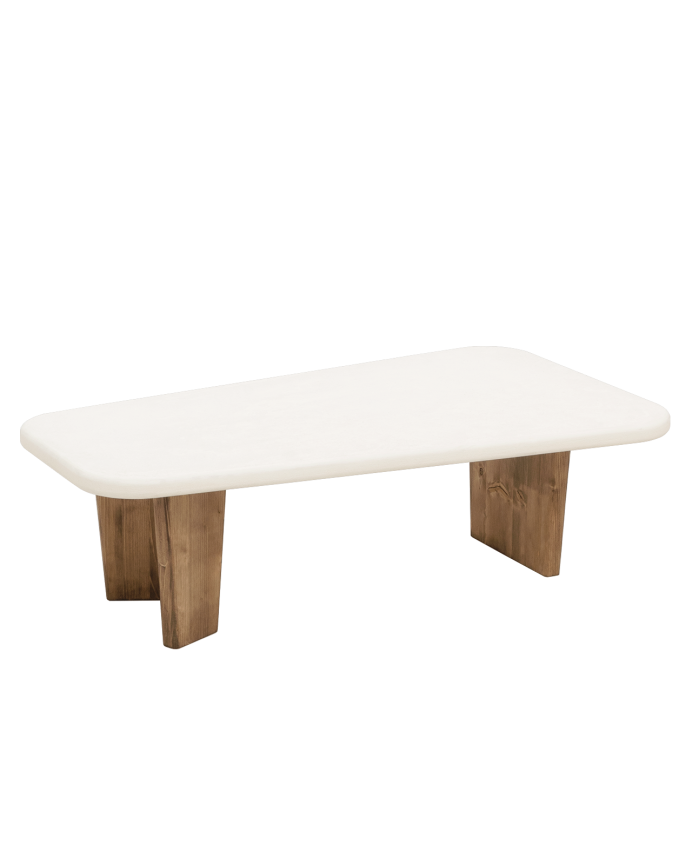 Mesa de centro de microcemento con tres patas de madera tono roble oscuro de 100cm