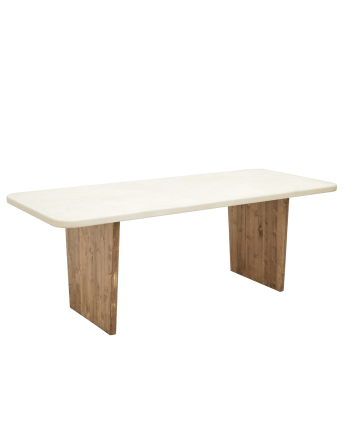 Mesa de comedor de microcemento tono blanco roto con patas de madera tono roble oscuro de varias medidas