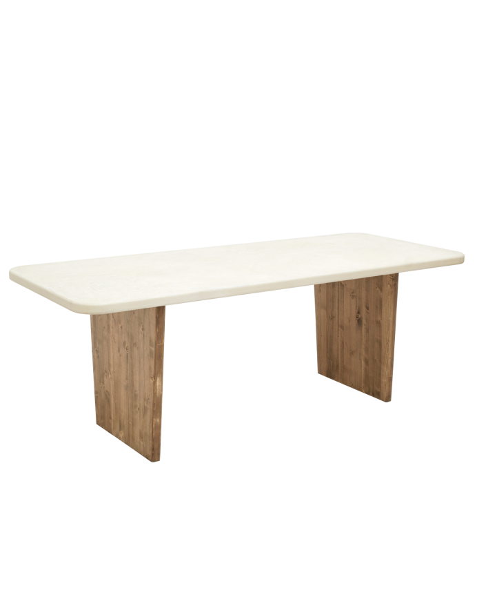 Mesa de comedor de microcemento tono blanco roto con patas de madera tono roble oscuro de varias medidas