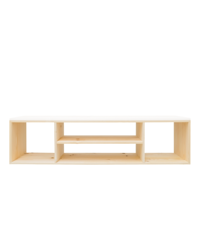 Mueble de TV de madera maciza en tono natural y sobre blanco de 160x40cm