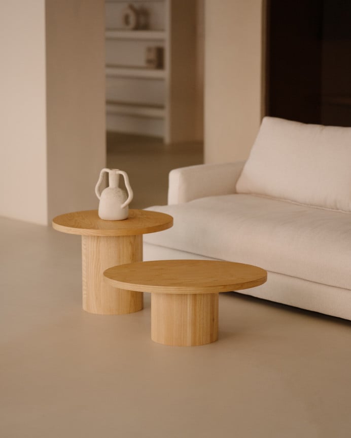 Mesa de centro redonda en madera de fresno de 80x30cm