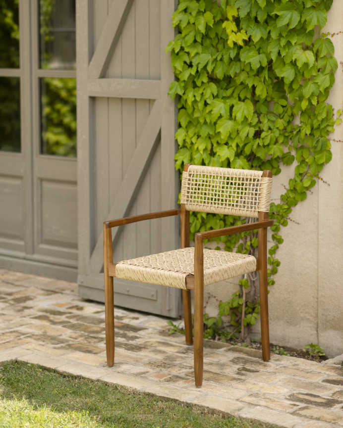 Pack de 4 sillas de madera de teca y asiento trenzado de 81cm