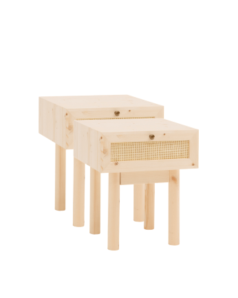 Pack de 2 mesitas de noche de madera maciza y rafia con un cajón en tono natural de 40x45cm