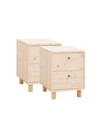 Pack de 2 mesitas de noche de madera maciza con dos cajónes en tono natural de 51x38cm