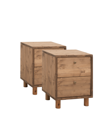 Pack de 2 mesitas de noche de madera maciza con dos cajónes en tono roble oscuro de 51x38cm