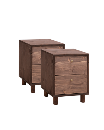 Pack de 2 mesitas de noche de madera maciza con dos cajónes en tono nogal de 51x38cm
