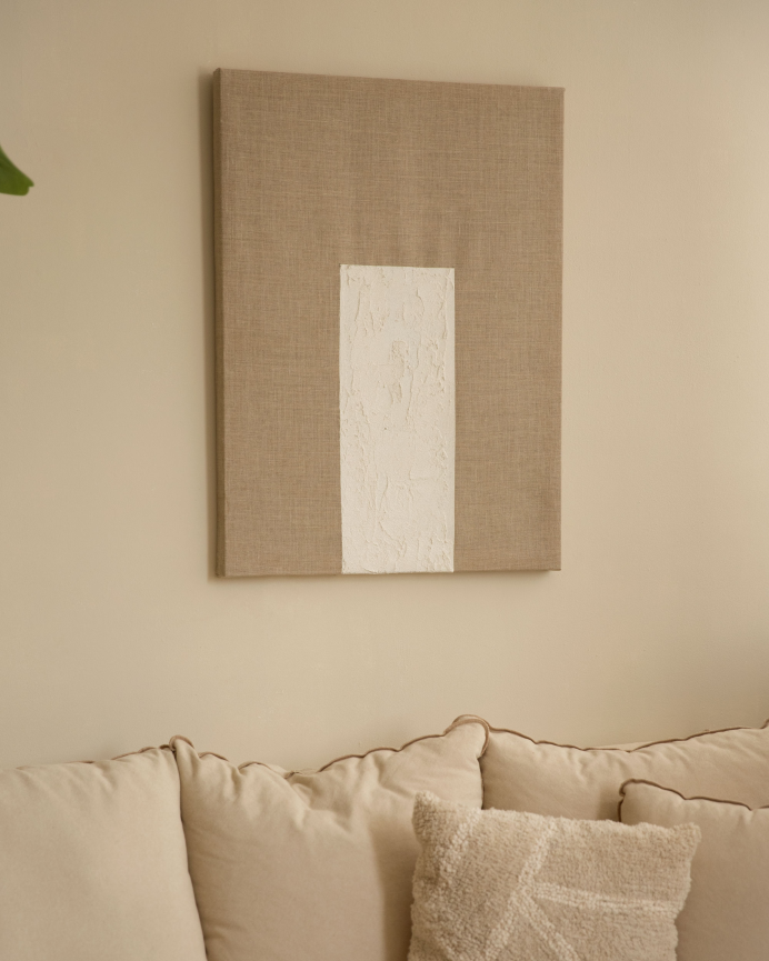 Cuadro beige y blanco decorativo sobre lino con bastidor de madera pintado artesanalmente con pintura al óleo en varias medidas