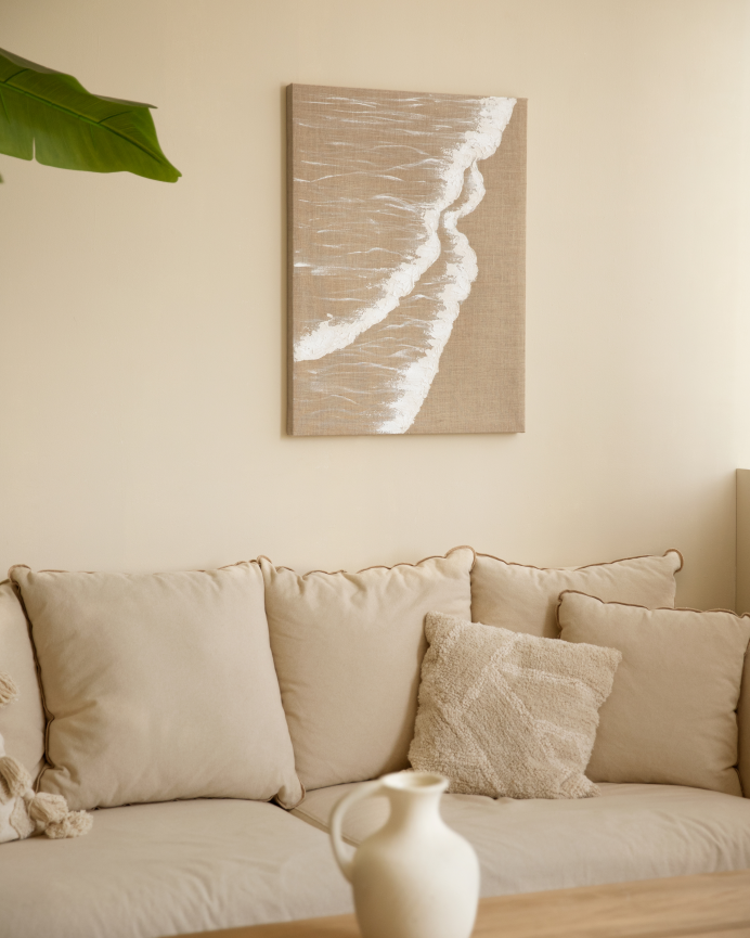 Cuadro beige y blanco decorativo sobre lino con bastidor de madera pintado artesanalmente con pintura al óleo en varias medidas
